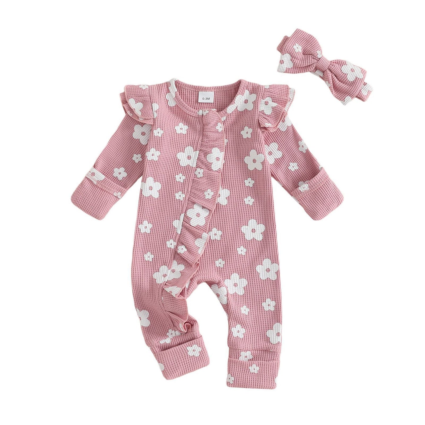 Girls' Long-sleeved Flower Print Zipper Hair Band Jumpsuit